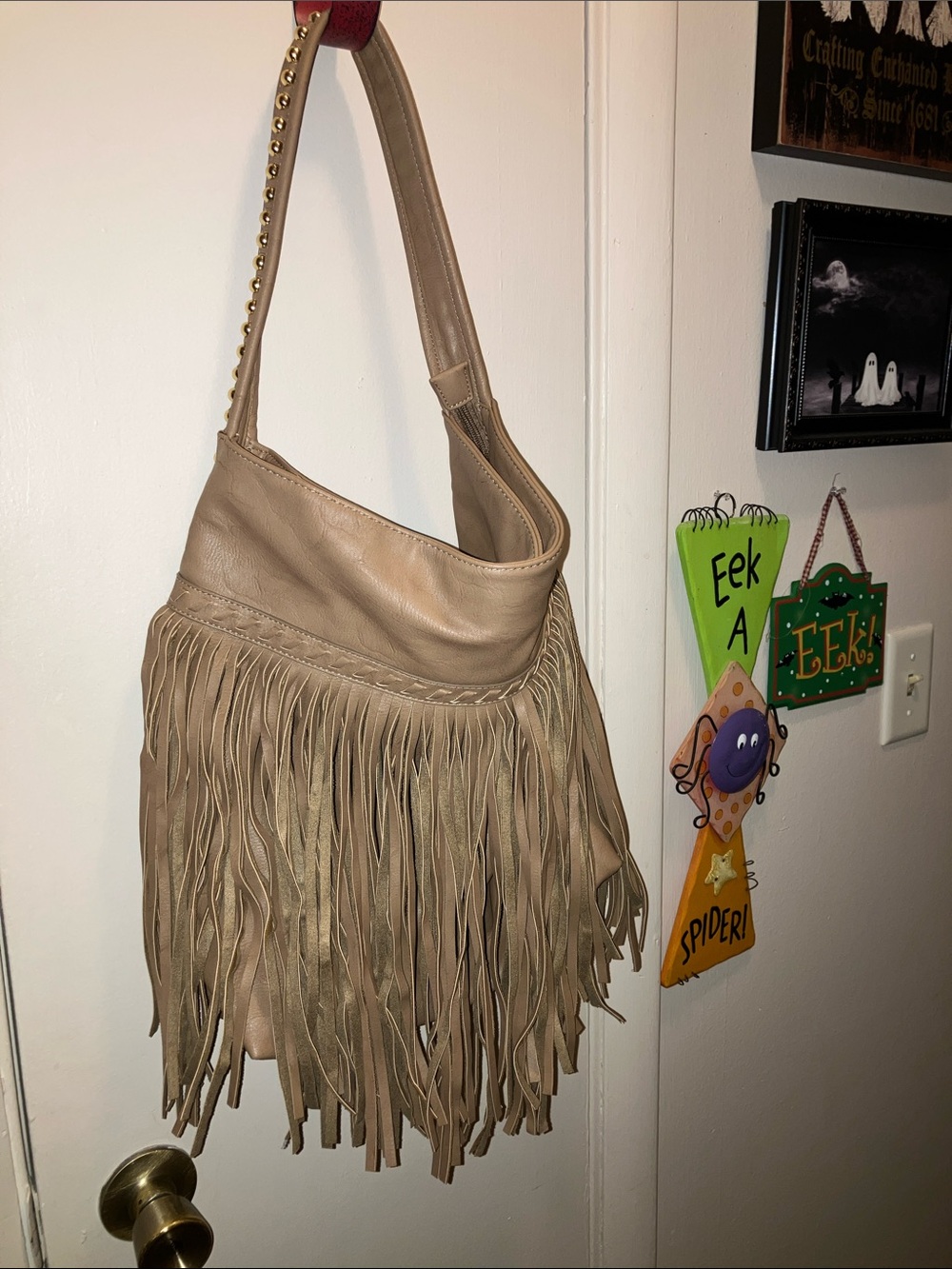 Big Buddha Tan Fringe Shoulder Bag With Many Pockets 16” X 15”